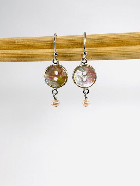 Framed Goldlip Button and Pearl Drop Earrings